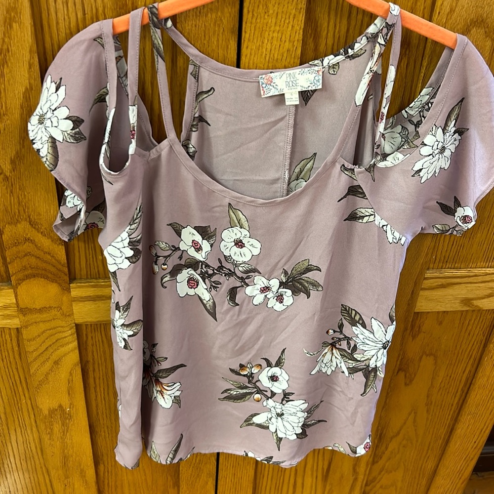 Small Pink Rose off the shoulder purple floral blouse